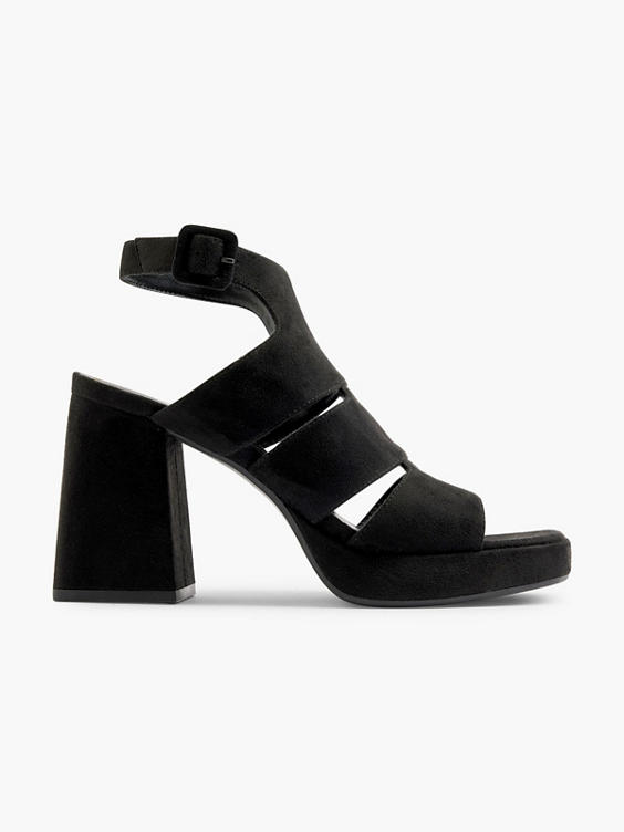 Black Strapped Block Heeled Sandal 