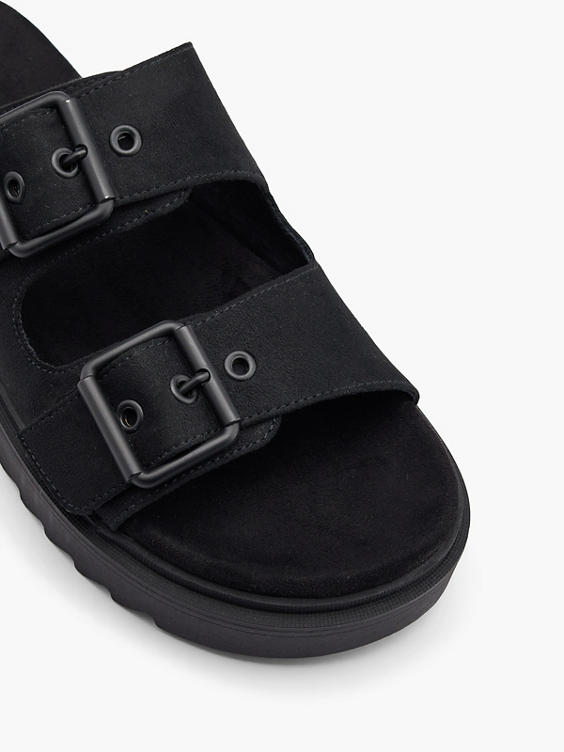 Black Platform Sandal with Double Buckle Detail