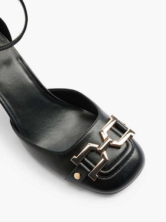 Black Square Toe Block Heel with Snaffle Detail 