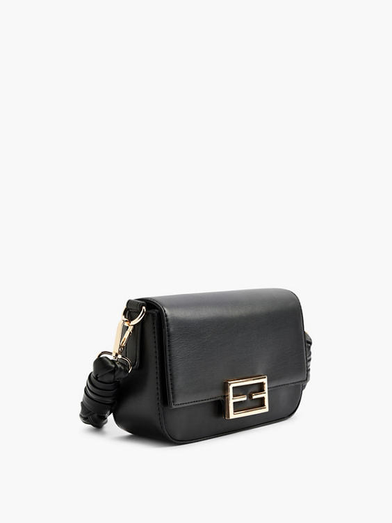 Black Braided Strap Handbag with Metal Detail
