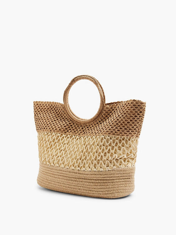 Neutral Striped Panel Summer Bag with Circular Handle
