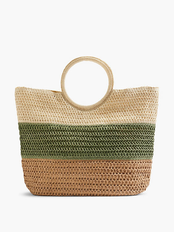 Neutral and Green Striped Summer Bag with Circular Handle