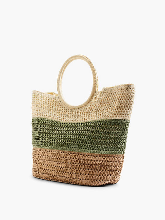Neutral and Green Striped Summer Bag with Circular Handle
