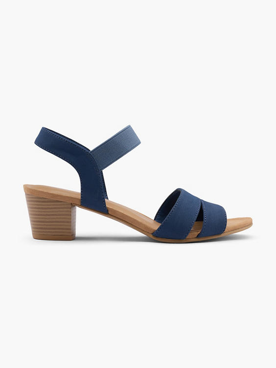 Blue Elasticated Strap Sandal with Wooden Effect Heel