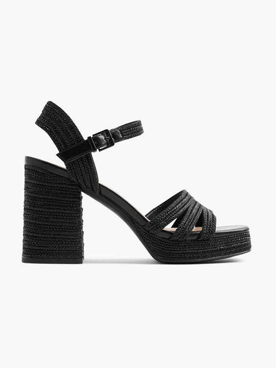 Black Braided Textured Platform Heeled Sandal 