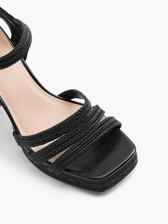 Black Braided Textured Platform Heeled Sandal 