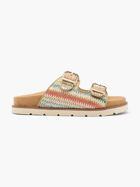 Multi-Coloured Double Buckle Whipstitch Detail Flat Sandal