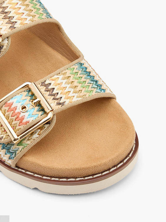 Multi-Coloured Double Buckle Whipstitch Detail Flat Sandal