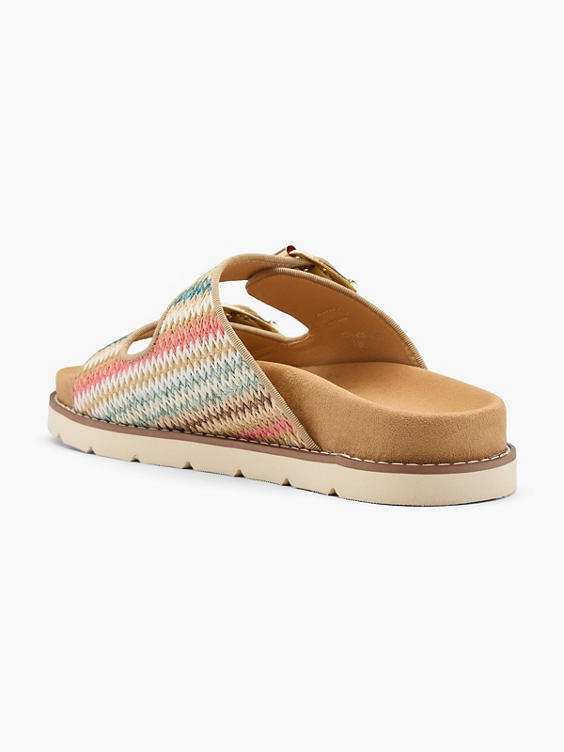Multi-Coloured Double Buckle Whipstitch Detail Flat Sandal