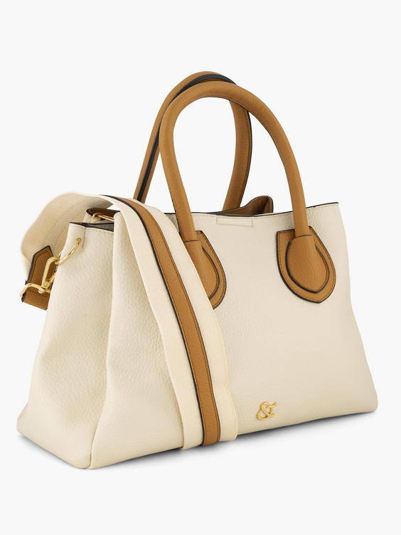 Light Beige Contrasting Strap Handbag with Removable Shoulder Strap