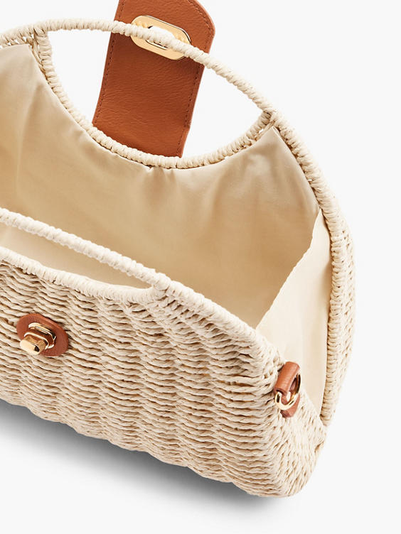 Neutral Woven Small Basket Bag with Adjustable Shoulder Strap