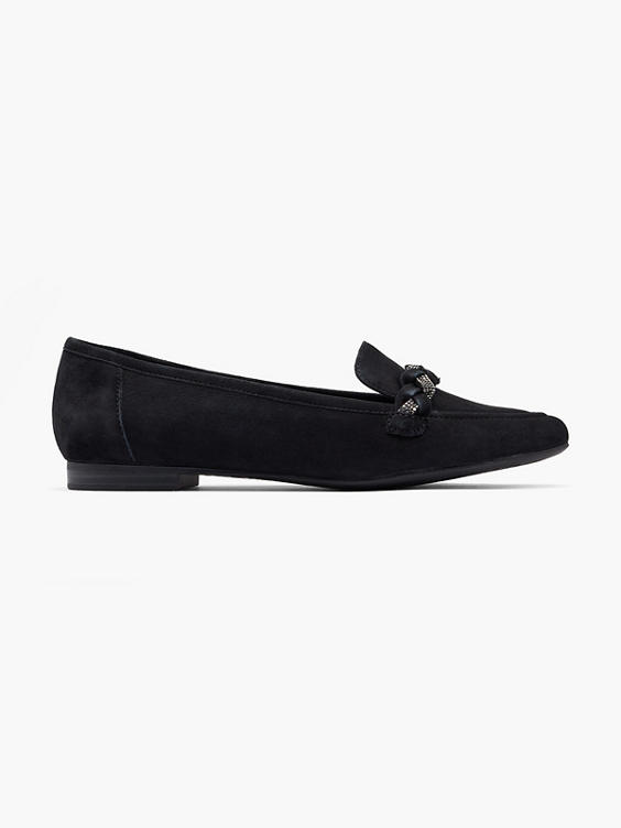 Black Leather Loafer with Diamante Entwined Braid Detail