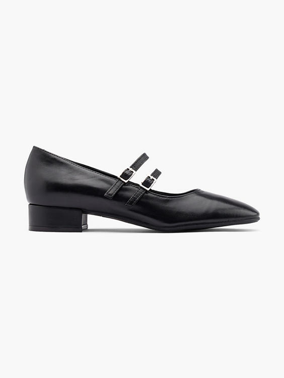 Black Leather Double Strapped Ballerina Shoe 