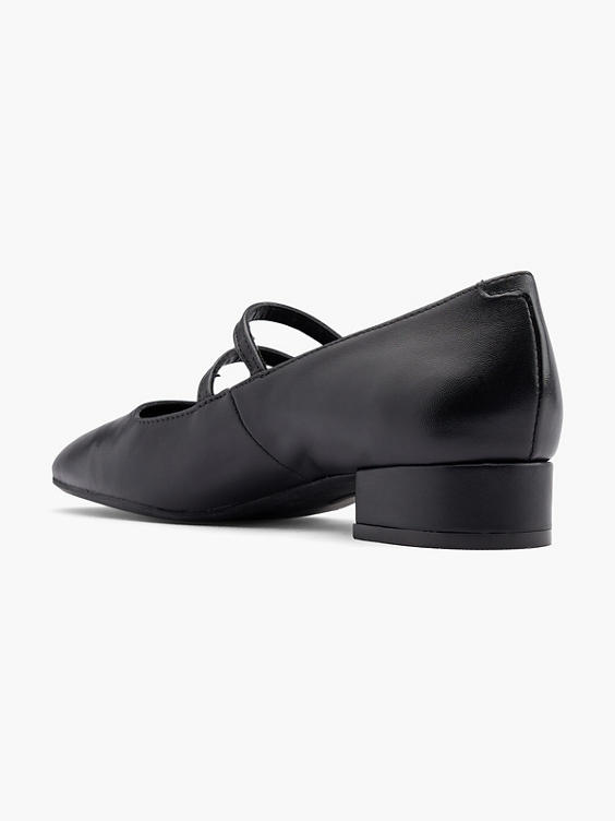 Black Leather Double Strapped Ballerina Shoe 