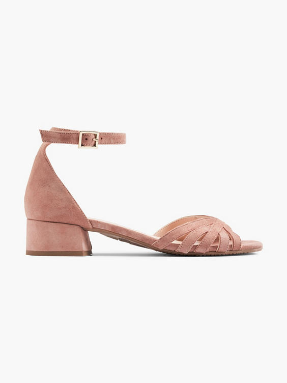 Pink Leather Block Heeled Sandal with Ankle Strap