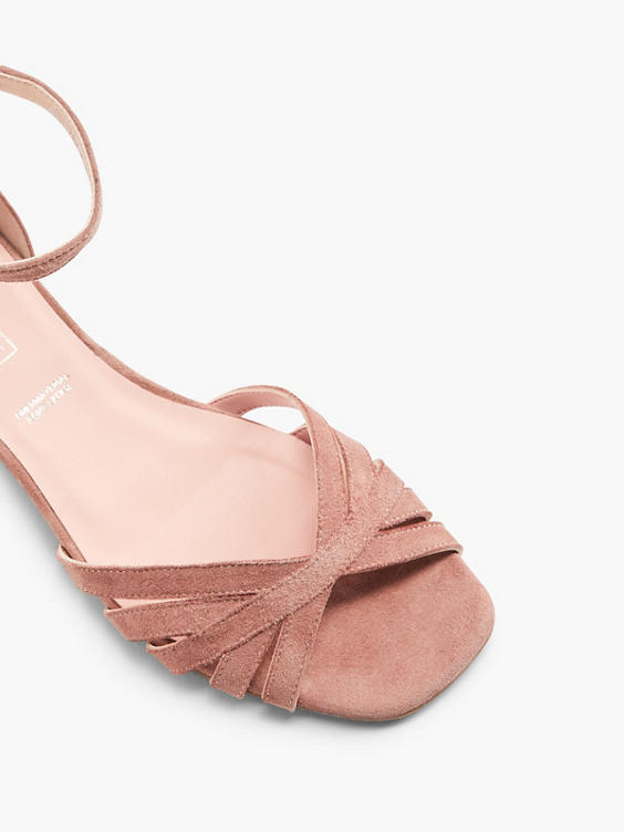 Pink Leather Block Heeled Sandal with Ankle Strap