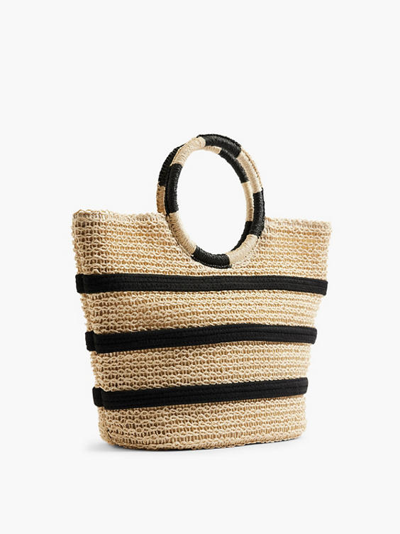 Raffia Summer Black Striped Bag with Circular Handle 