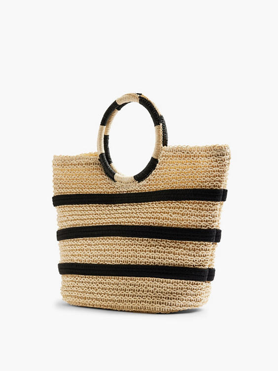 Raffia Summer Black Striped Bag with Circular Handle 