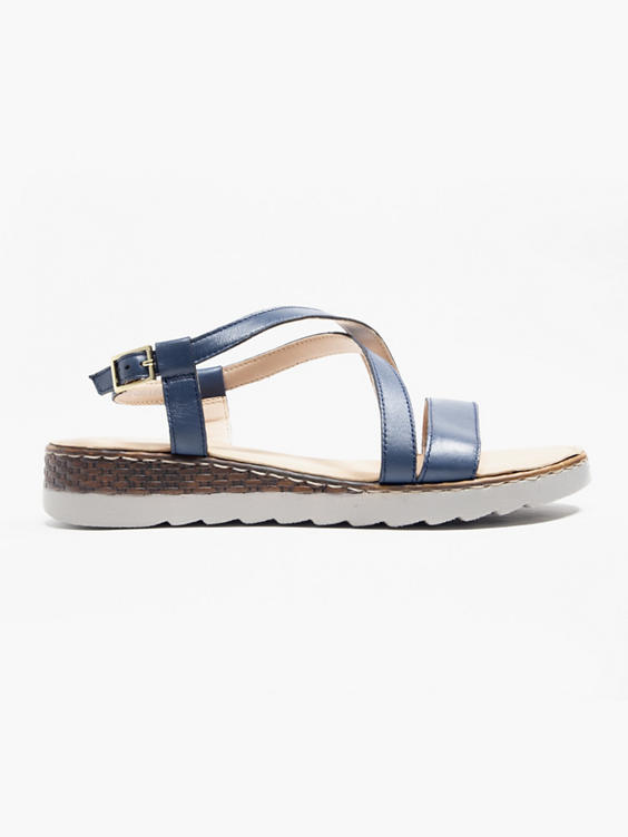 5th Avenue) Navy Leather Multi Strapped Wedge Sandal in Blue  