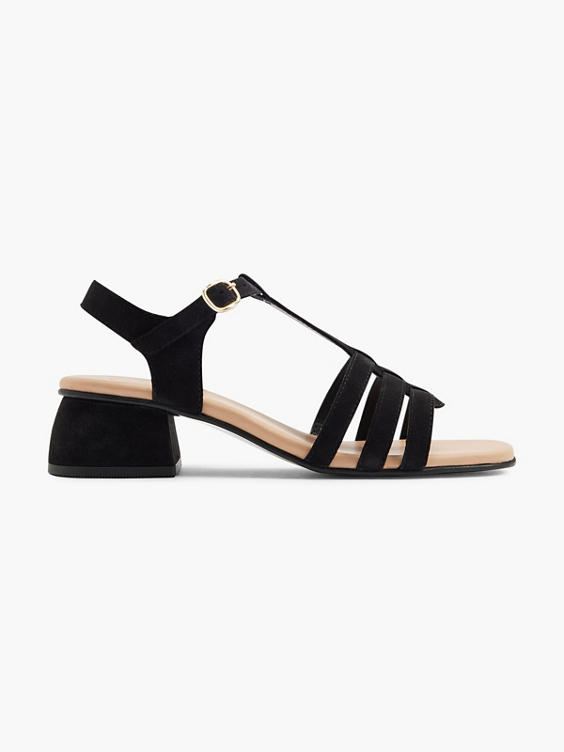 Black Leather Multi Strap Sandals with Block Heel 