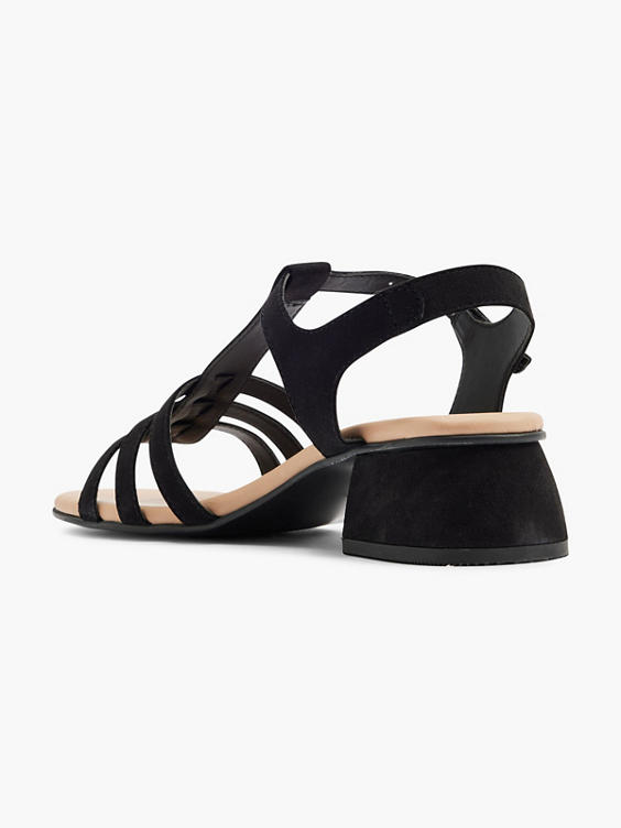 Black Leather Multi Strap Sandals with Block Heel 