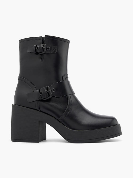 Black Platform Block Heel Biker Boot with Double Buckle Detail