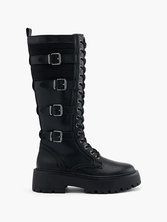 Catwalk Black Buckled Long Leg Lace Up Boot in Black DEICHMANN