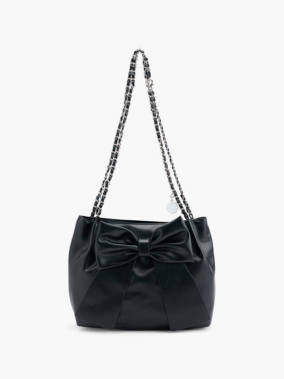 Black Bucket Bag with Chain Strap and Bow Detail