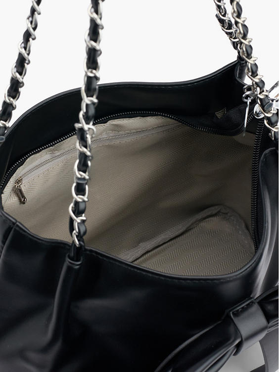 Black Bucket Bag with Chain Strap and Bow Detail