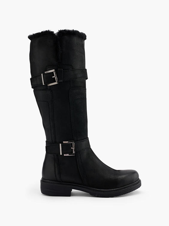 Black Leather Long Leg Faux Fur Lined Boot with Double Buckle Detail