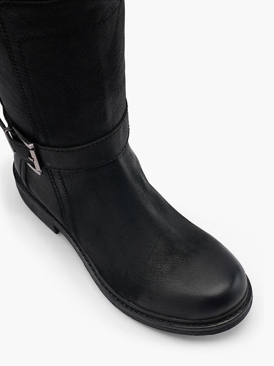 Black Leather Long Leg Faux Fur Lined Boot with Double Buckle Detail