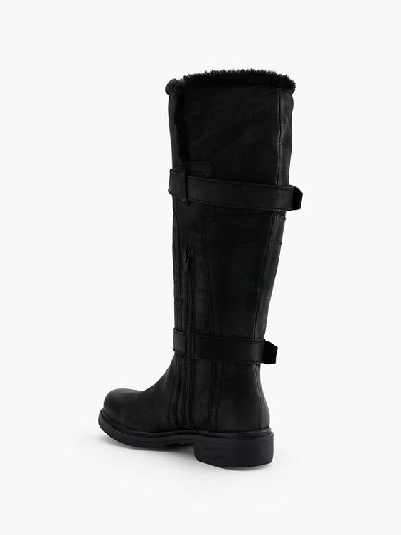 Black Leather Long Leg Faux Fur Lined Boot with Double Buckle Detail