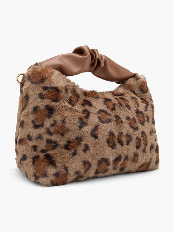 Leopard Print Fluffy Handbag with Adjustable Shoulder Strap