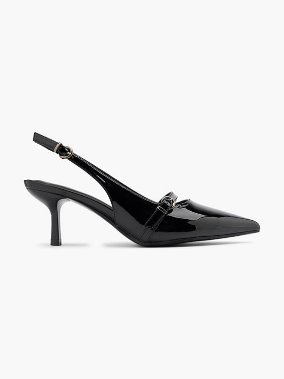 Black Slingback Low Heel with Buckle Strap